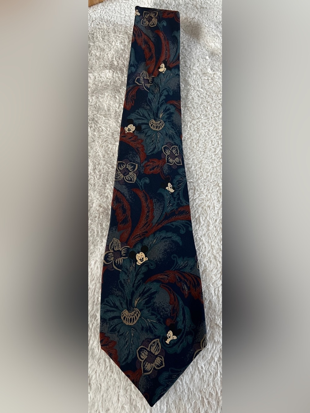 Disney Navy Silk Tie with Teal and Rust Floral Mickey Design